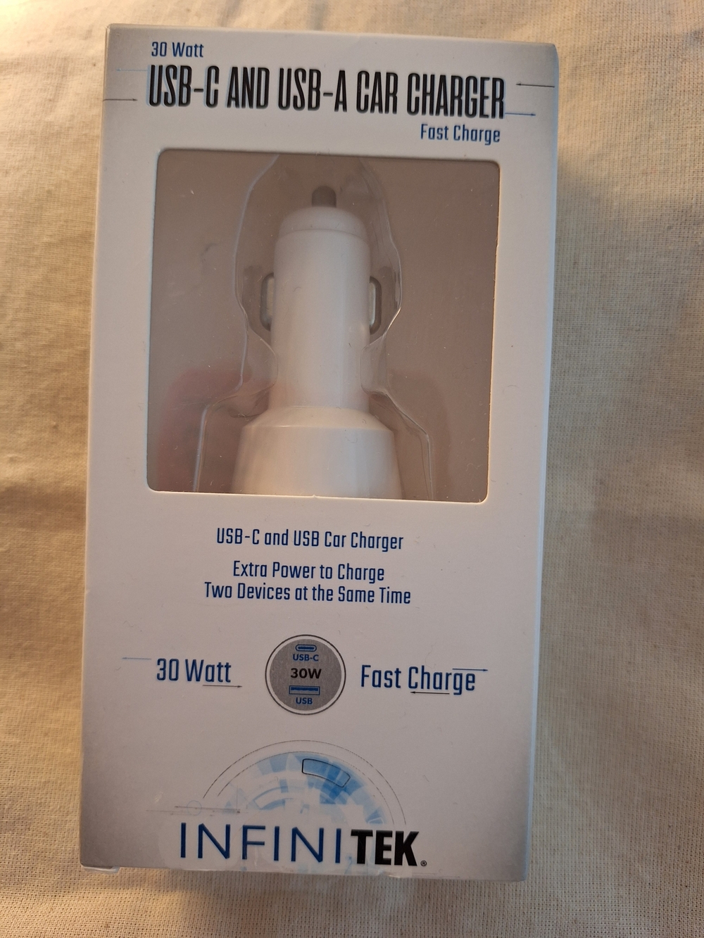 Infi Tek 30W USB-C & USB-A Car Charger White New